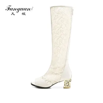 

Fanyuan Women Sandals Sexy Lace Peep Toe Roman Summer Long Boots Breathable Clear High Heel Shoes Woman sandalie Zip Size 33-46