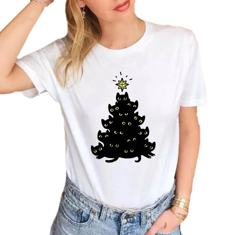 Новинка, летняя женская футболка с рождественской елкой, Забавные футболки, женские футболки с черной кошкой, мягкие хлопковые повседневные белые топы, футболки S1557 - Цвет: S1557