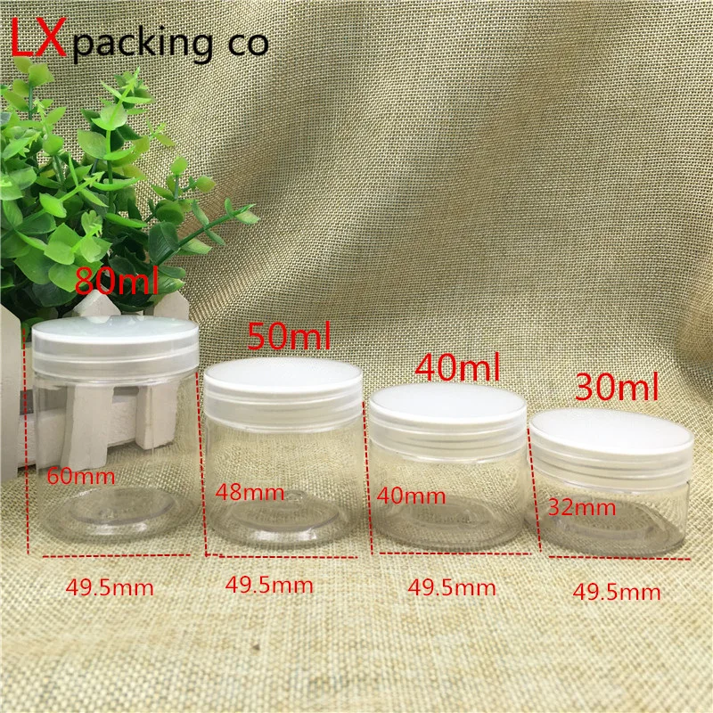 

30 pcs Free Shipping 30 40 50 80 ml Transparent Empty Plastic Cans For Spices Storage Butter Cream Sample Pack Containers