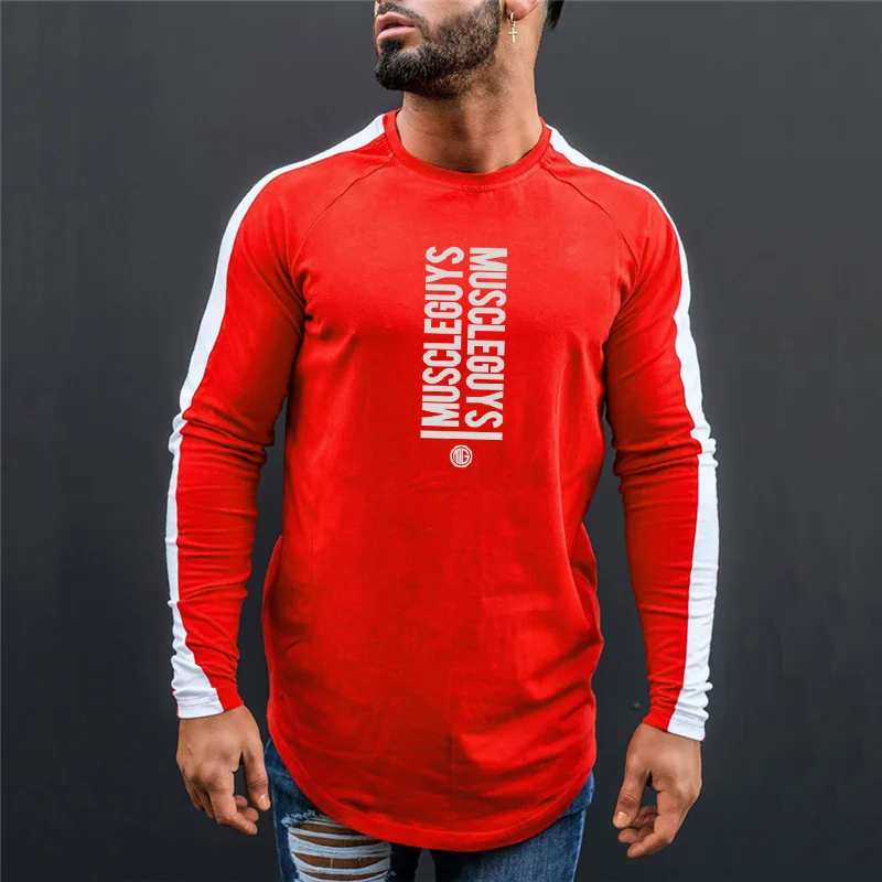 Muscleguys, осенняя Мужская хлопковая футболка для тренажерного зала, Мужская футболка для фитнеса, бодибилдинга, мужские брендовые футболки, футболка с длинным рукавом для мужчин