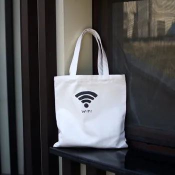 

Ladies Handbags Canvas Tote Bag Wifi Pattern White Shopping Travel Women Eco Reusable Shoulder Bags