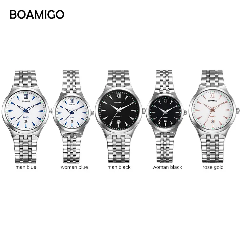 BOAMIGO, брендовые часы для мужчин, кварцевые, бизнес стиль, модные, повседневные часы, полная сталь, дата, для женщин, для влюбленных, пара, 30 м, водонепроницаемые, наручные часы