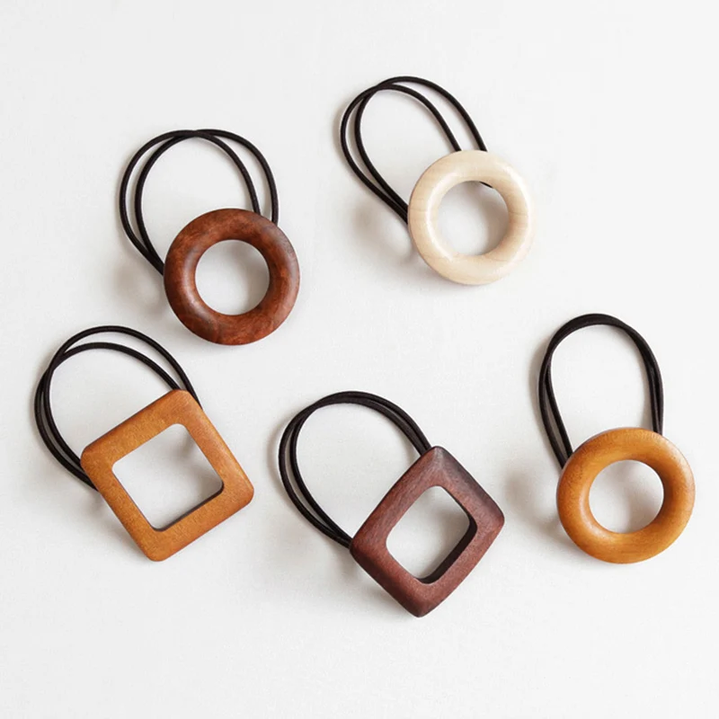 

Popular wood hair rope geometric round square Korean fashion hair rings ponytail elastic rubber rope girls clothing accessories