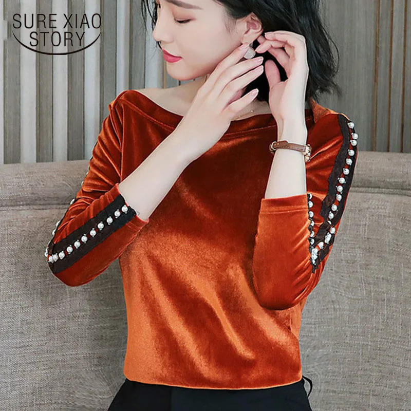 

fashion 2019 blouse new gold velour solid-colored long-sleeved women shirts Office lady blouses fashion blusas feminenas 1594 50