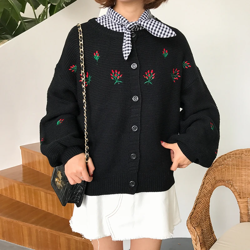 

Embroidery Flower Sweet Wild Knit Cost Sweater Women's Sweaters Japan Harajuku Female Korean Kawaii Retro Pullover For Women