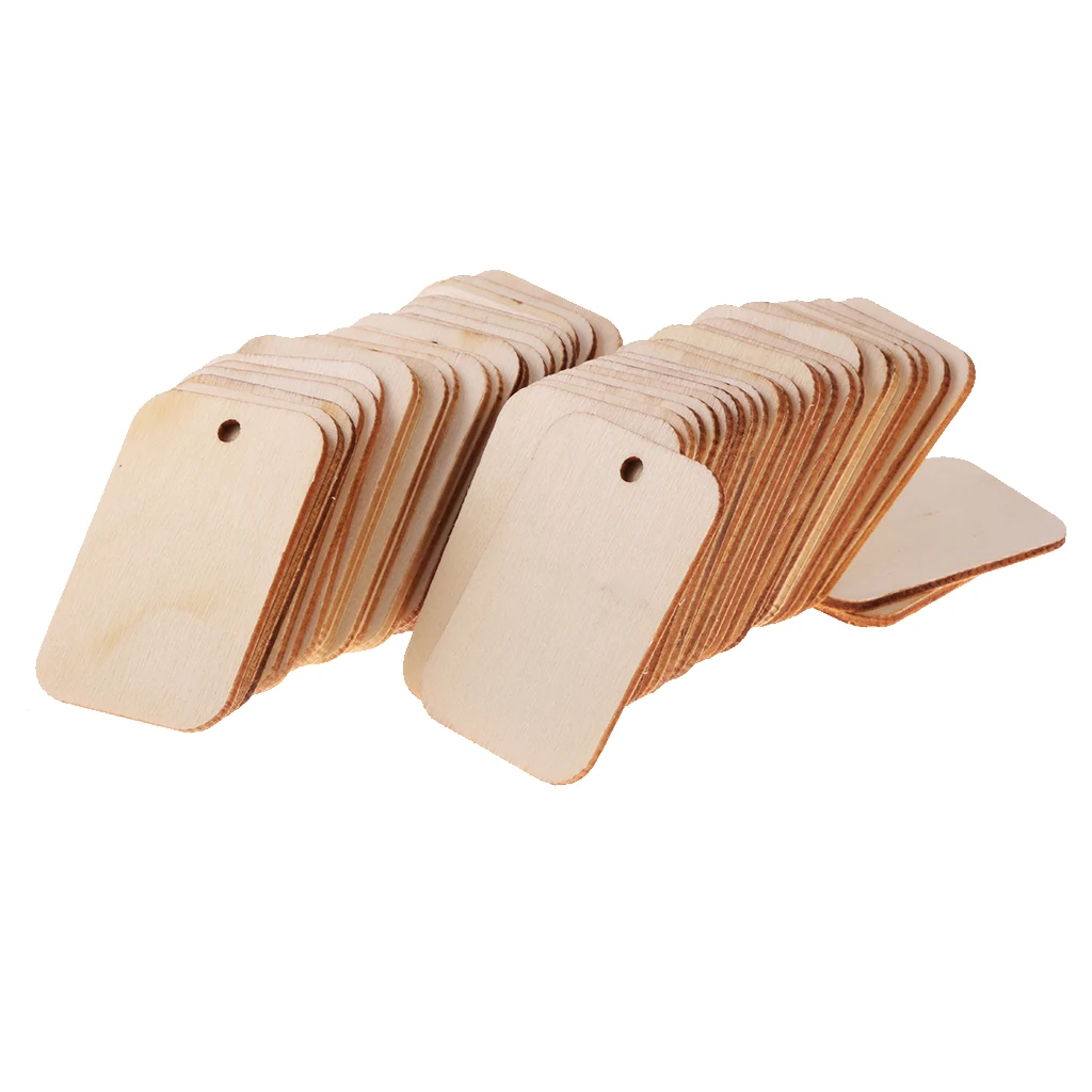 50 Pieces Wooden Rectangle Craft Shape Tag Embellishment for Craft with Rope Unfinished Wood Cutout Chips for Pieces Arts