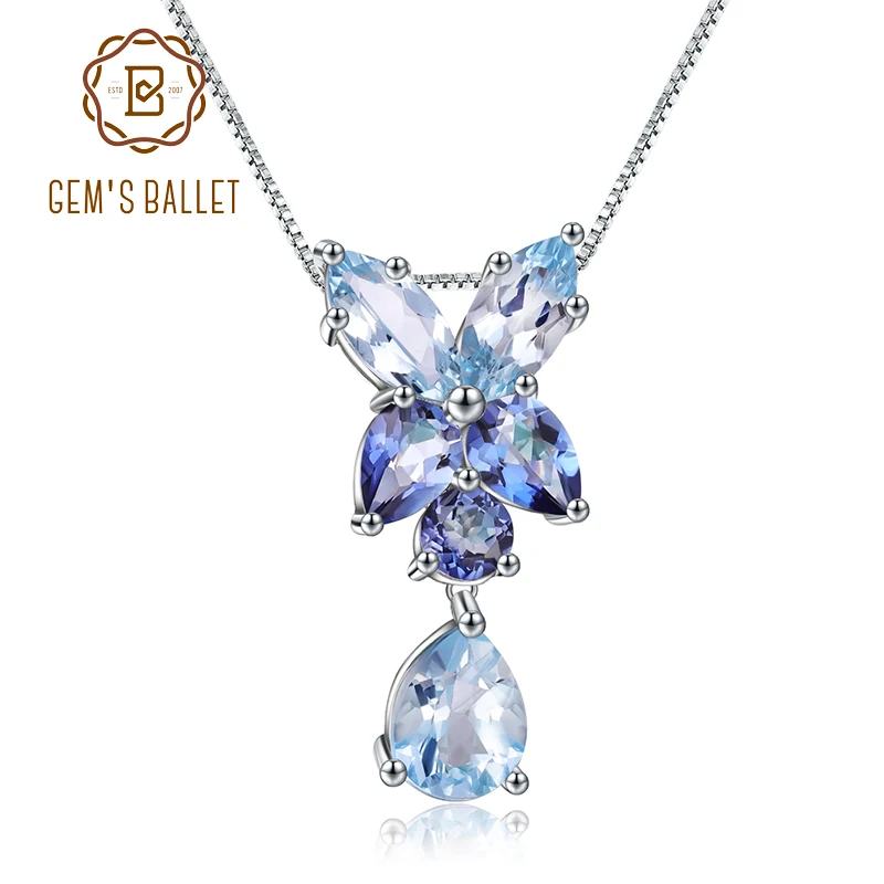 

Gem's Ballet Natural Sky Blue Topaz Mystic Quartz 925 Sterling Silver Flower Pendant Necklace For Women Necklace Costume Jewelry