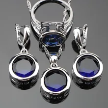 Свадебные Он украшен круглыми синими камнями Серебро 925 Ювелирные наборы для Для женщин кулон/Цепочки и ожерелья цепь/серьги/кольца 6/7/8/9/10 подарочная упаковка