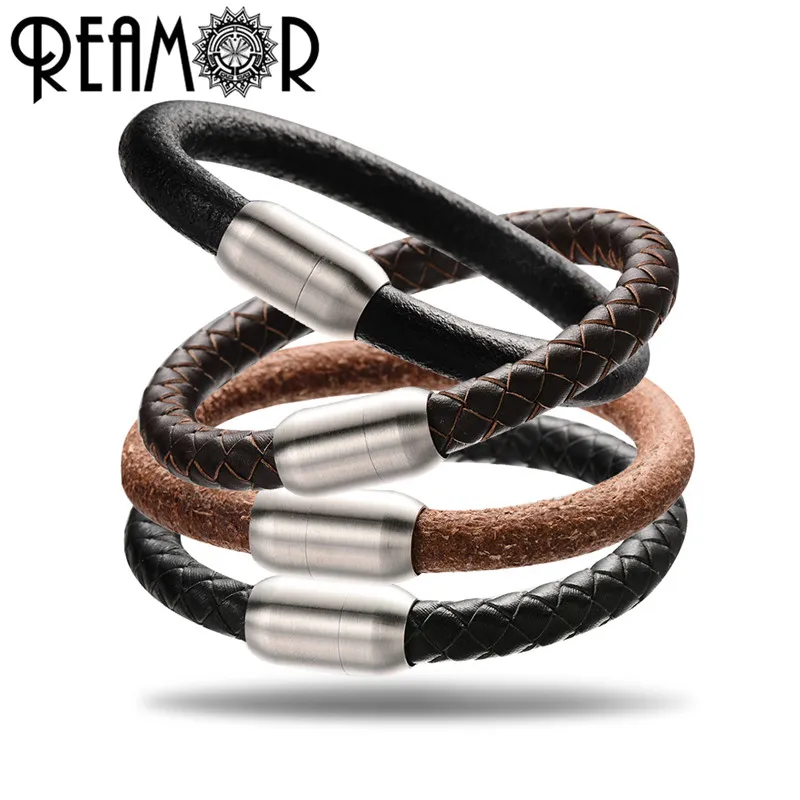 

REAMOR 5 Types 8mm Genuine Leather Bracelets Large Hole Beads Women Men Bracelet DIY Jewelry Making With Magnet Clasp