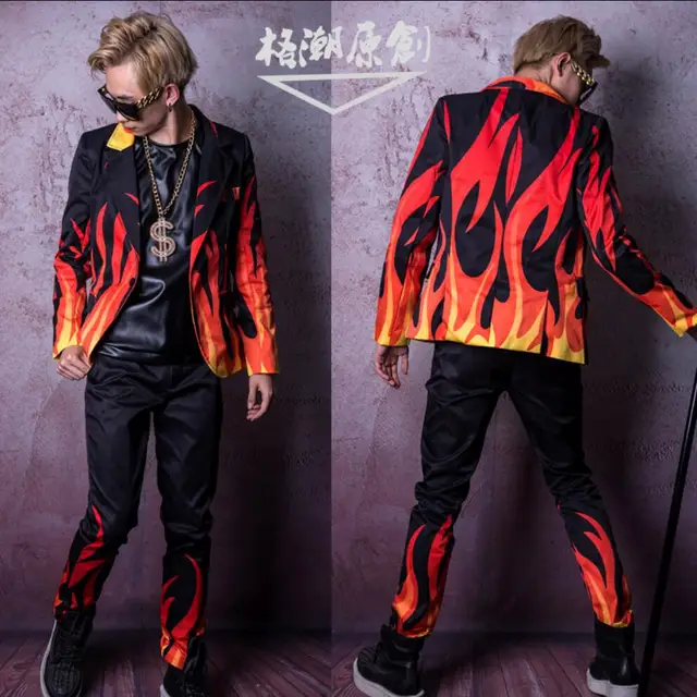 M 4XL Men singer stage flame special effects suit men long sleeve suit