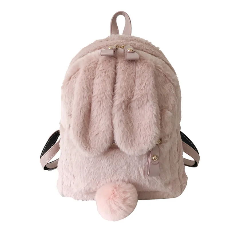 Furry Rabbit Ear Backpack cute Girls Shoulder Bag Mini Furry Fluffy Plush schoolbag Winter Women's Travel Bag - Цвет: Розовый