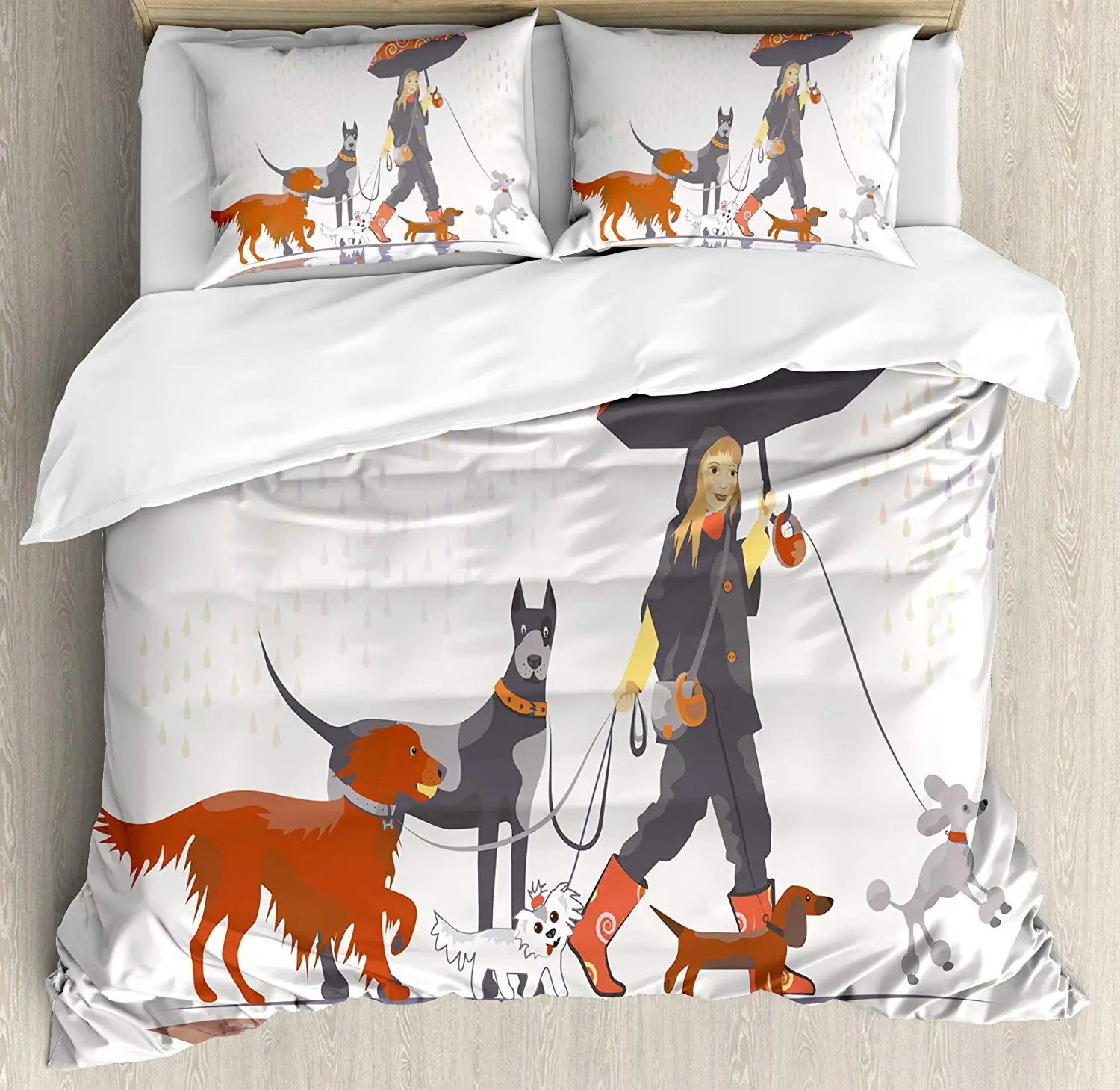

Dog Lover Decor Duvet Cover Set Young Modern Girl Taking Pack Dog Walk The Rain Fun Times Artsy Print Bedding Set Queen/Full