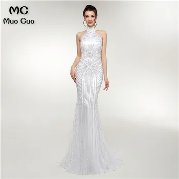 

2018 Luxuries Mermaid Prom dresses Long Beaded Vestidos de fiesta dress for graduation Halter Evening Dress for Women