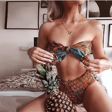 MUQGEW, комплект бикини без бретелек, купальный костюм, женский купальник, бандаж, комплект бикини, с принтом, плиссированный, с бантом, купальный костюм, купальник, 0128