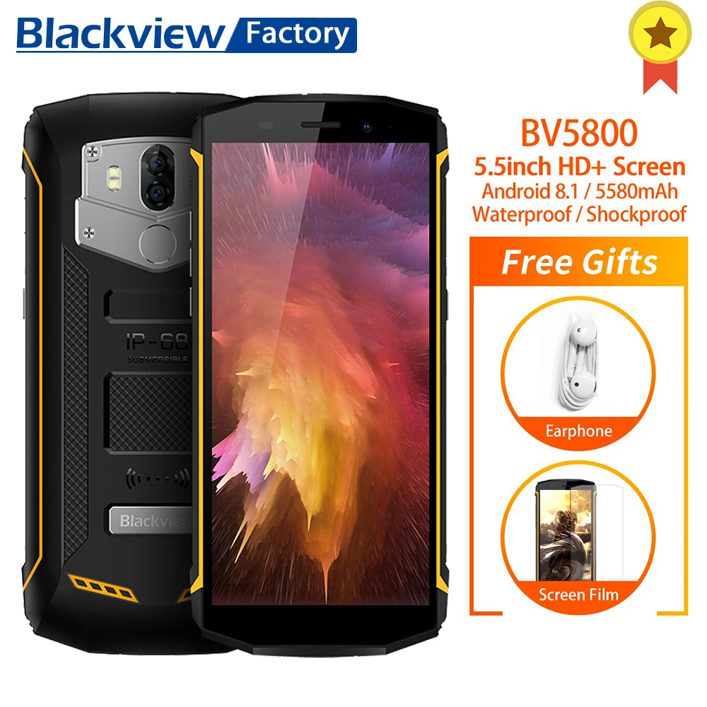

Blackview BV5800 Smartphone IP68 Waterproof 5.5inch 18:9 HD+ Android 8.1 Mobile Phone Dual Rear Camera 13.0MP NFC GPS Cell Phone
