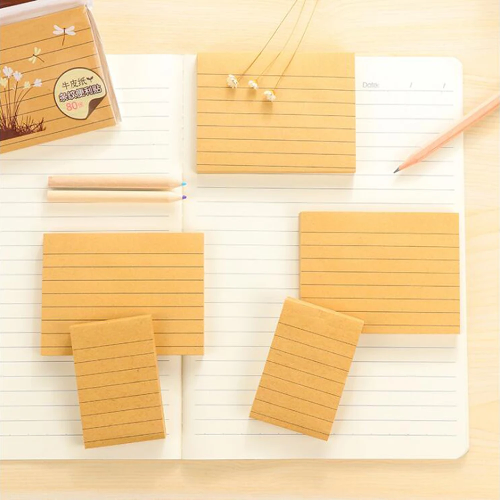 

80 Sheets Kraft Paper Line Self-adhesive Portable Sticky Notes Office School Messaging Scheduling Supplies Index-it Memo Pads