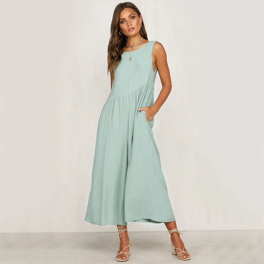 

2019 Summer Wide Leg Solid Jumpsuit Sexy Sleeveless Backless Women Jumpsuits Casual Holiday Loose Pocket Basic Ladies Jumpsuit