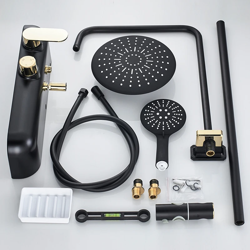 quyanre wanfan frap new arrival black gold shower faucets set blacking painting shower faucet with shelf swivel tub spout single handle mixer tap bathroom shower2