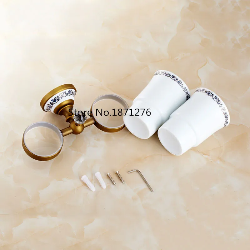 Новые Латунные керамические Двойные держатели для чашек и стаканов ванная комната настенный античный, золотой, хром 3 цвета полный держатель зубной щетки