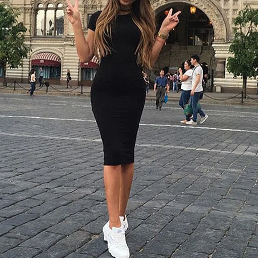 

2019 Ladies Fashion Casual Summer Women Sheath Fitness Dress Elegant Ladies Sexy Solid Color Short Sleeve Office Knee Length