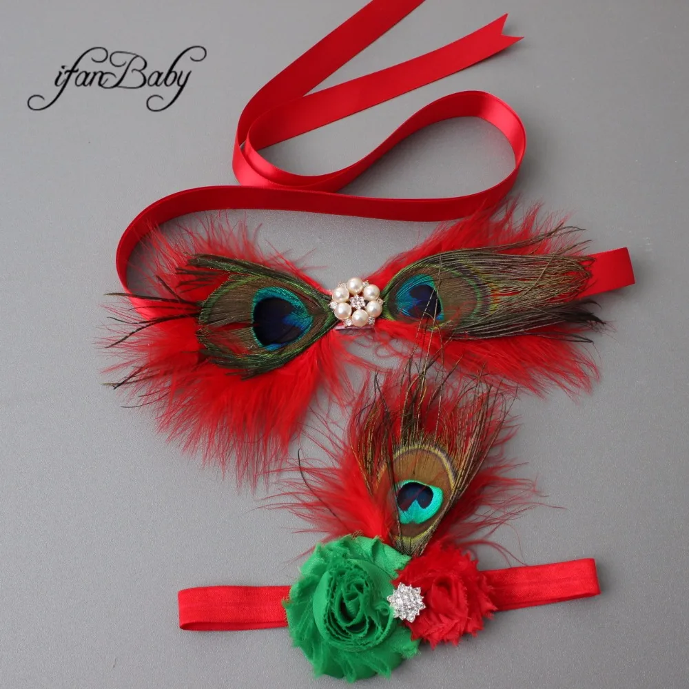Fashion Chrisrmas flower Belt Girl Woman Sash Belt Wedding Sashes with feather flower headband 1 SET