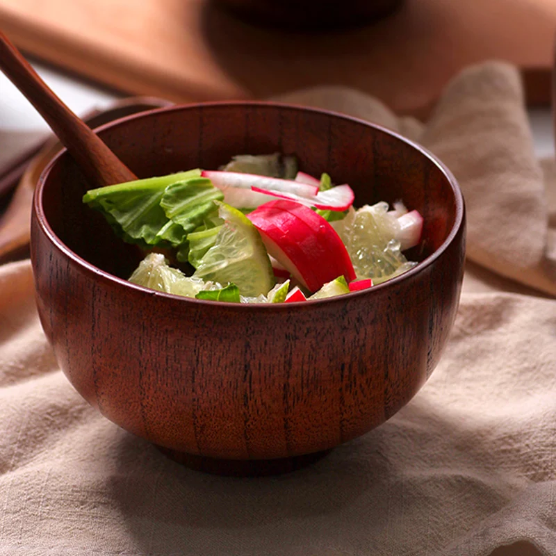 Solid Wood Bowls Vintage Wooden Rice Soup Bowls Kids Adults Dining Bowl Miso Dips Fruit Food Container Kitchen Wooden Utensils (1)