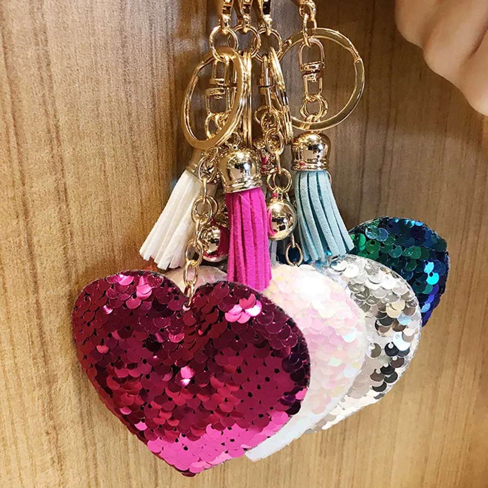 Glitter Bling Heart Keychains Rings Tassel Sequins Love Heart Small