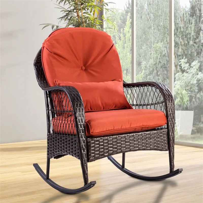 

Outdoor Wicker Rocking Chair With Cushion High Quality Sturdy Weatherproof Patio Garden Chair HW57256