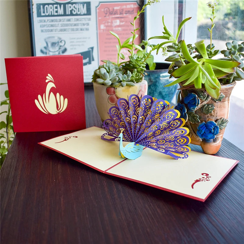 С днем рождения 3D цветок всплывающие открытки подарки с наклейки на конверте лазерная резка вечерние Пригласительные открытки Павлин открытки