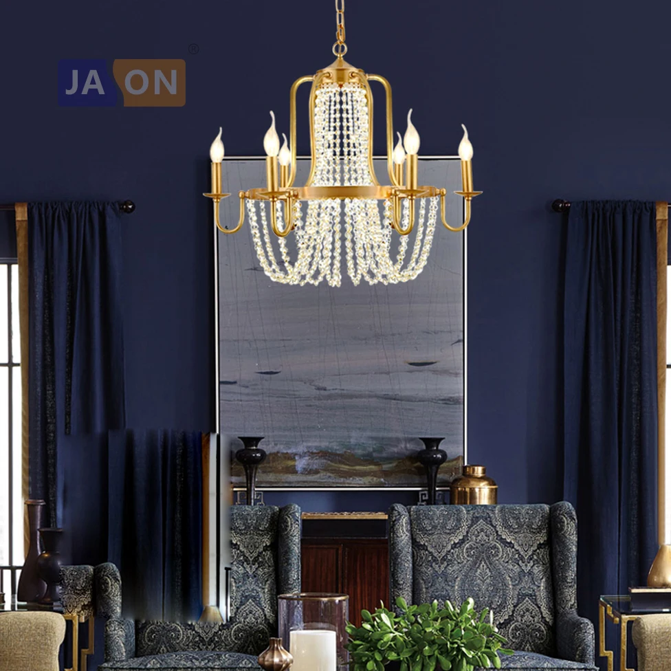 

led e14 American Copper Crystal Chandelier Lighting Lamparas De Techo Suspension Luminaire Lampen For Foyer Bedroom