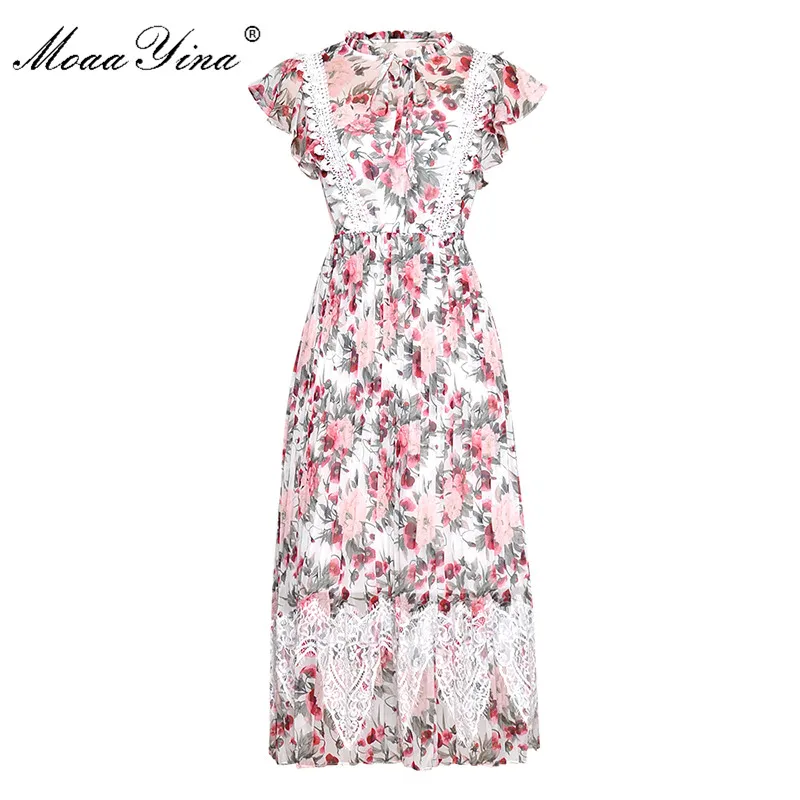 MoaaYina модельер взлетно-посадочной полосы платье сезон: весна–лето женское платье с рукавом-бабочкой Floral-Print Lace тонкий элегантный плиссированные платья - Цвет: Белый