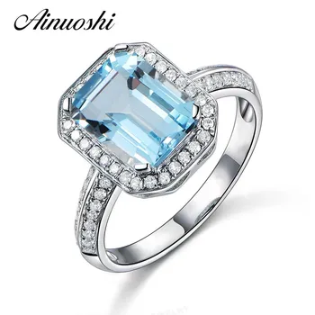 

AINUOSHI Luxury 3ct Emerald Cut Halo Ring Natural Sky Blue Topaz Gemstone Ring 925 Sterling Silver Engagement Wedding Jewelry