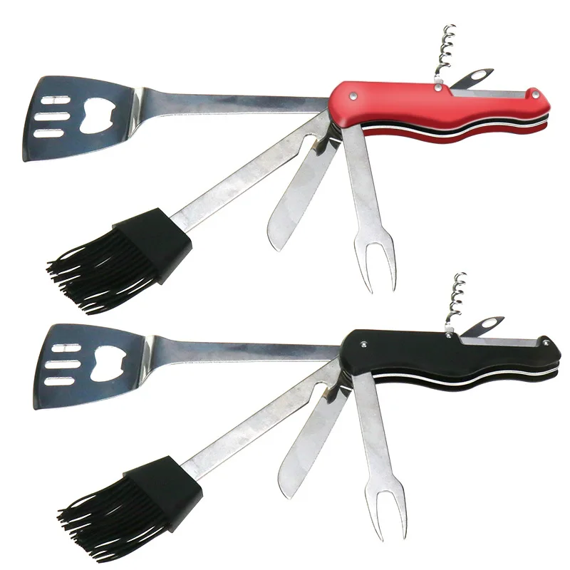 

7 in 1 Multifunctional Stainless Steel brush Knife fork opener Shovel Tool Set Outdoor BBQ DIY Kitchen Cooking Tools