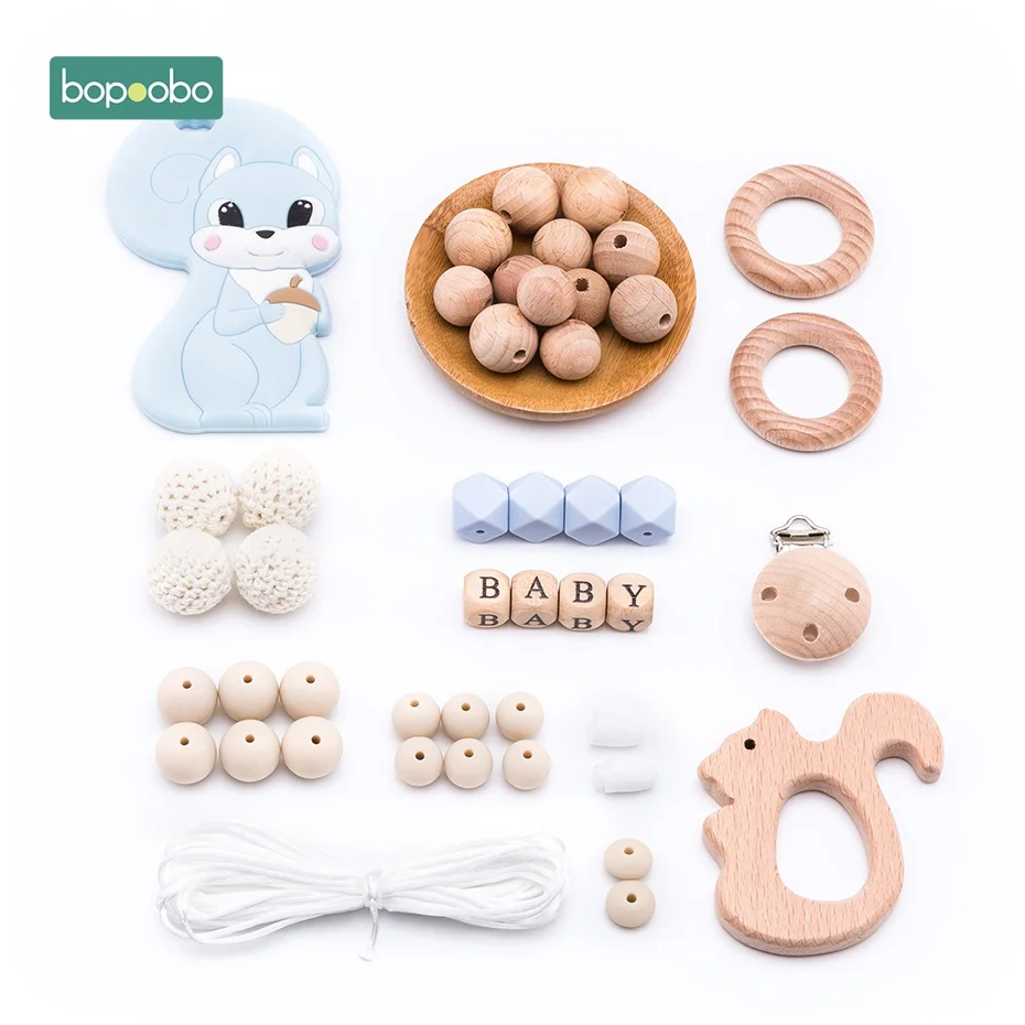 Bopobo 1 набор, детский силиконовый прорезыватель, белка, крошечный стержень для детей, Детский деревянный Прорезыватель для новорожденных, игрушки для новорожденных, жемчужные Силиконовые Бусины - Цвет: Blue Squirrel Set