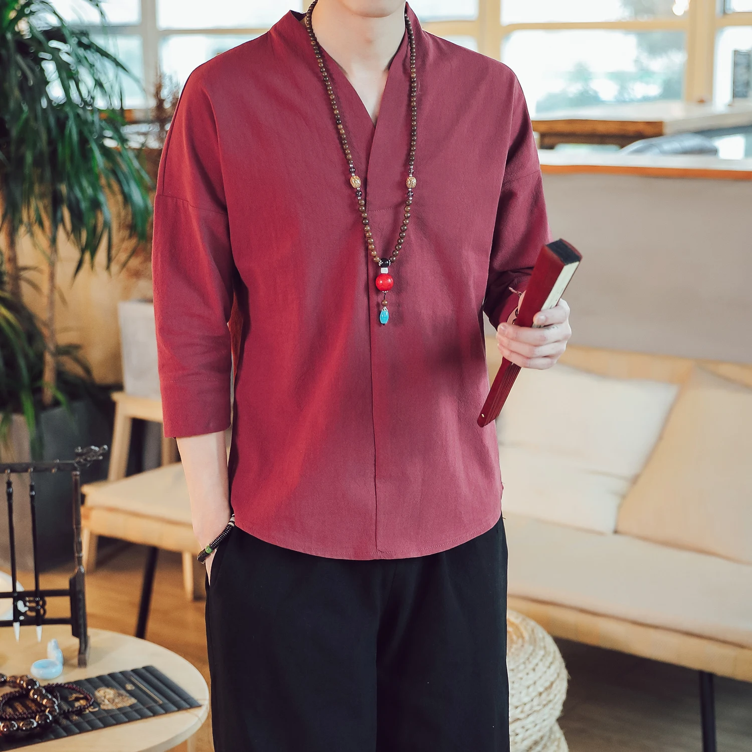 Мужская рубашка в китайском стиле с рукавом 3/4, однотонная Повседневная Уличная Мужская рубашка из хлопка и льна, мужская одежда, льняной топ в китайском стиле