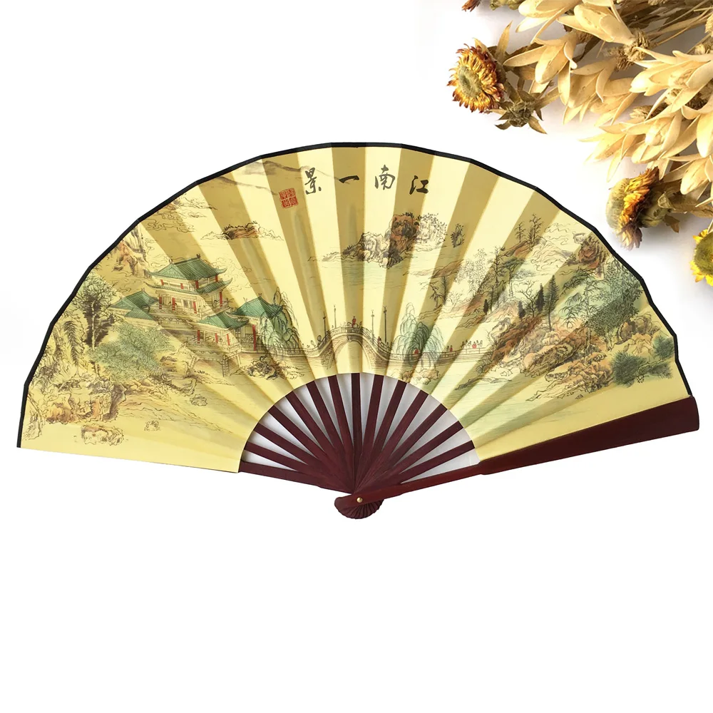 Free Shipping 1pcs GSFY-Men Women Wood Handle Fabric Folding Hand Fan 13-inch Length Yellow