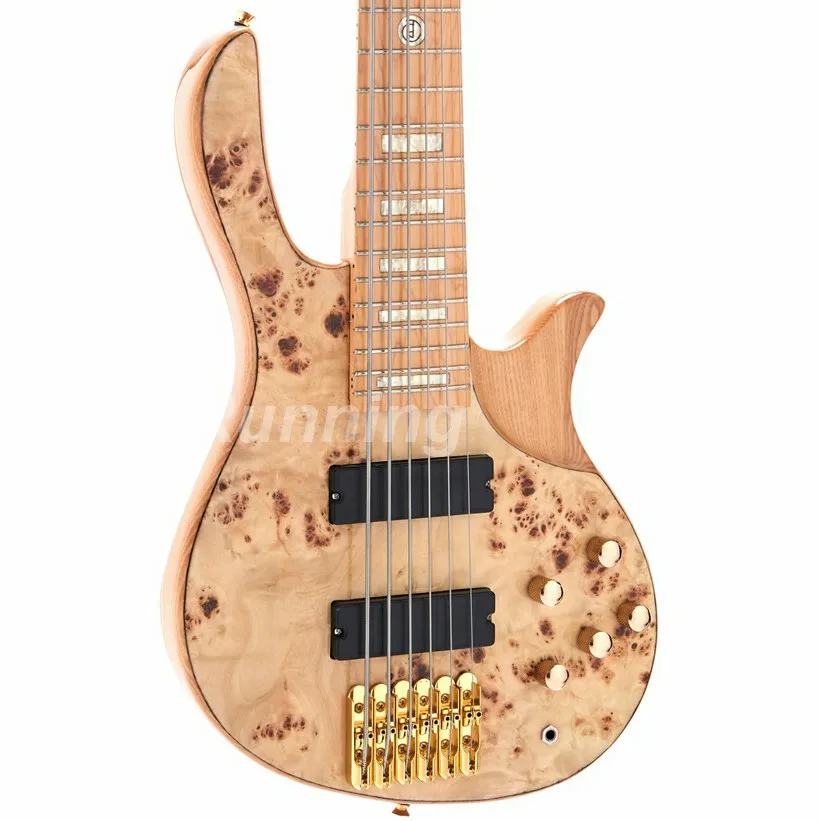 

6 Strings Electric Bass Burl Top Active Pickups Gold Hardware ASH