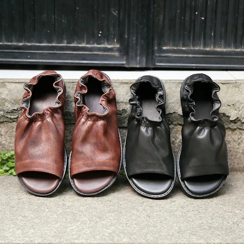 

Summer Shoes Women Sandals Flat Shoes Genuine Leather Sandals Hand Made Vintage Ladies Shoes Casual Soft Bottom Summer Sandals