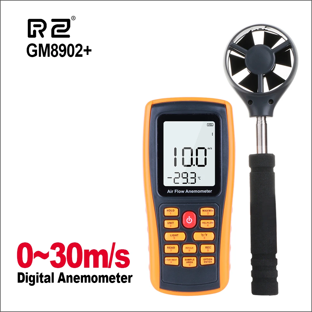 RZ Anemometer Wind Speed Meter Digital Handheld Range 0-45m/s Air Volume Ambient Temperature Tester With USB Interface Sensor |