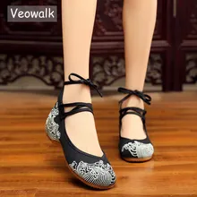 Veowalk medio Top mujeres lona bordado de balé pisos correa de tobillo Vintage señoras Casual caminar zapatos chinos viejo Beijing zapatos