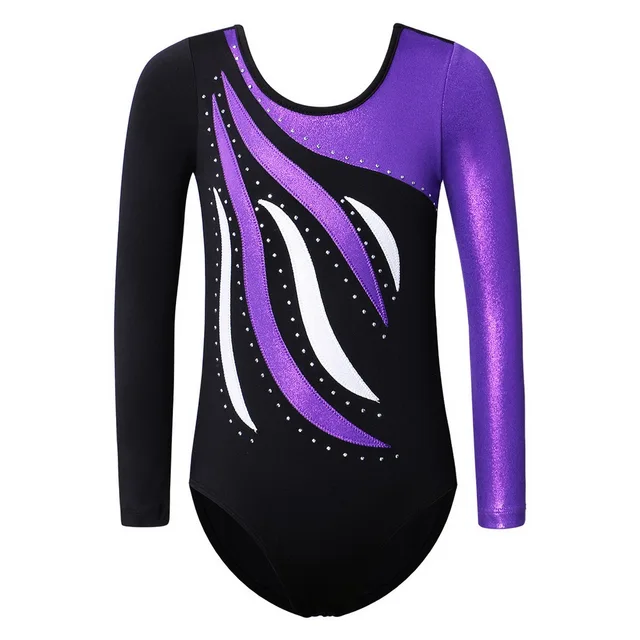 BAOHULU Girls Ballet Leotard Toddler Striped Long Sleeves Gymnastics Leotard Golden Foiled Professional Ballerina Train Costumes B183 BlackPurple
