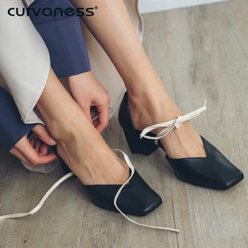 

Curvaness Leather Square Toe Casual Shoes Ladies High Heels Women's Sandals Cross Tied Two Sets Of Women's Shoes Spring 2019