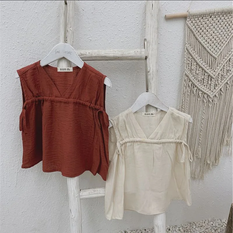 

2019 Summer new items Slub Cotton Baby Girls Sleeveless Blouses Drawstring V-neck Korean Style Tops Toddlers Kids Brief Shirts