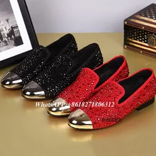 Chaussure homme/черная и красная обувь для вождения мужская повседневная обувь на плоской подошве с металлическим золотым носком, украшенная стразами и стразами мужские лоферы