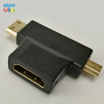 

100pcs/lot Mini 3in1 Adapter HDMI Female To Mini HDMI Male + Micro HDMI Male Adapter Metal/Plastic Connector Black for HDTV DVD