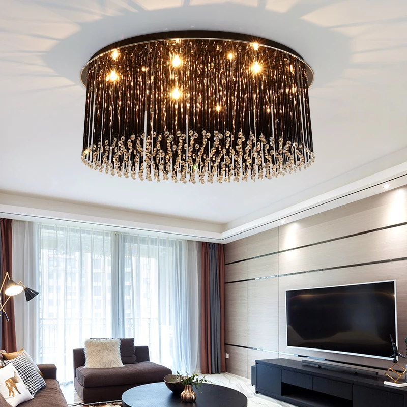 Luminárias de Teto de Cristal Conduziu a Lâmpada do Teto Quarto de Luxo Sala de Estar Preto Lampara Techo Plafondlamp Rodada Lustre 3 Preto Luminárias de Teto de Cristal CONDUZIU