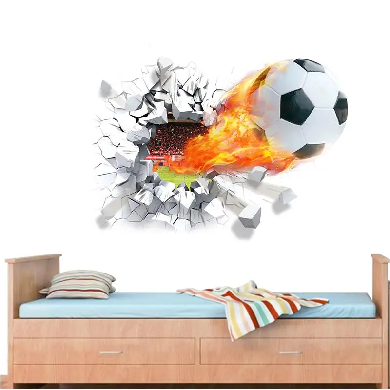 

firing football through wall stickers kids room decoration 1473. home decals soccer funs 3d mural art sport game pvc poster 5.0