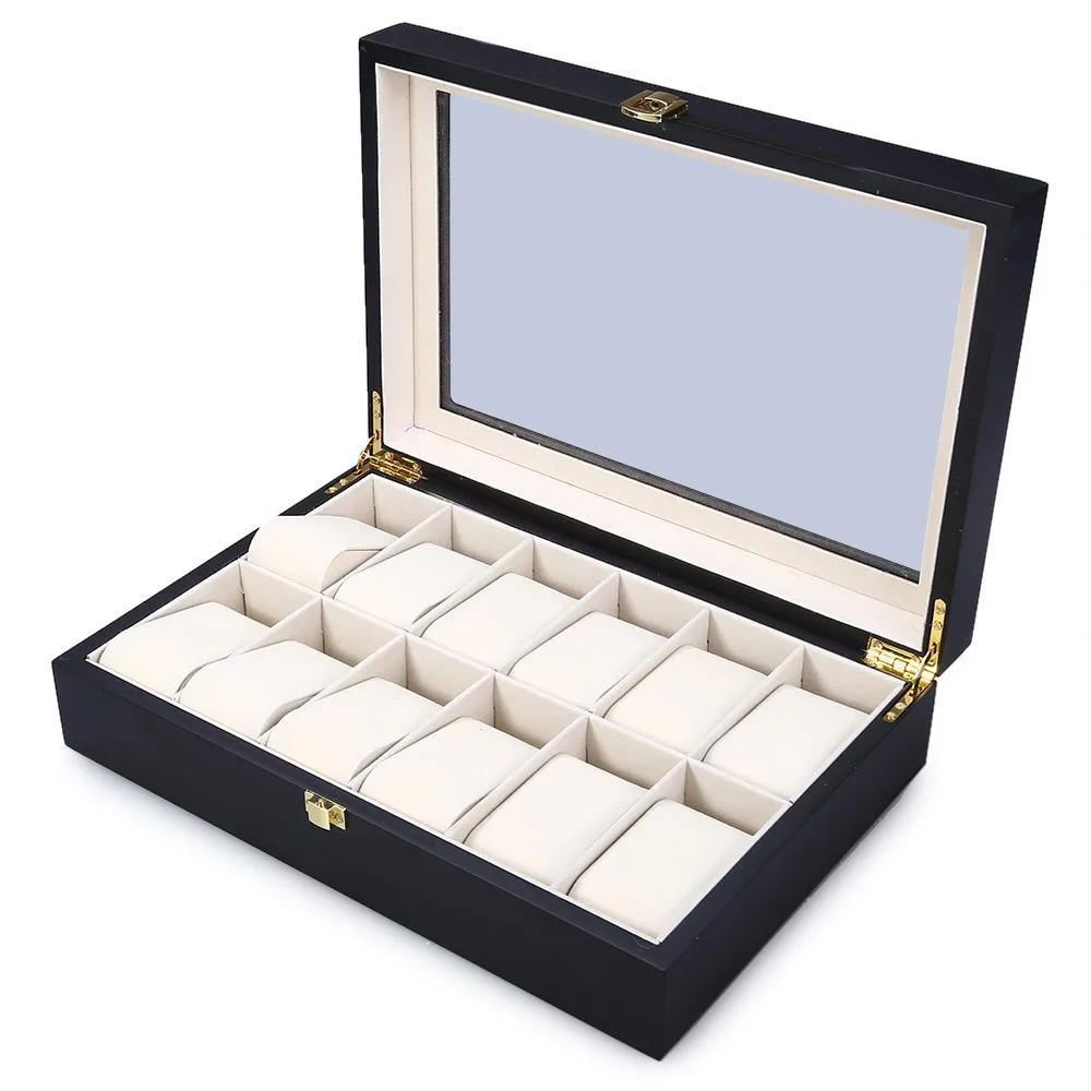 High Quality 12 Slots Elegant Wood Watch Display Case Watches Box Glass Top Jewelry Storage Organizer caixa para relogio 3
