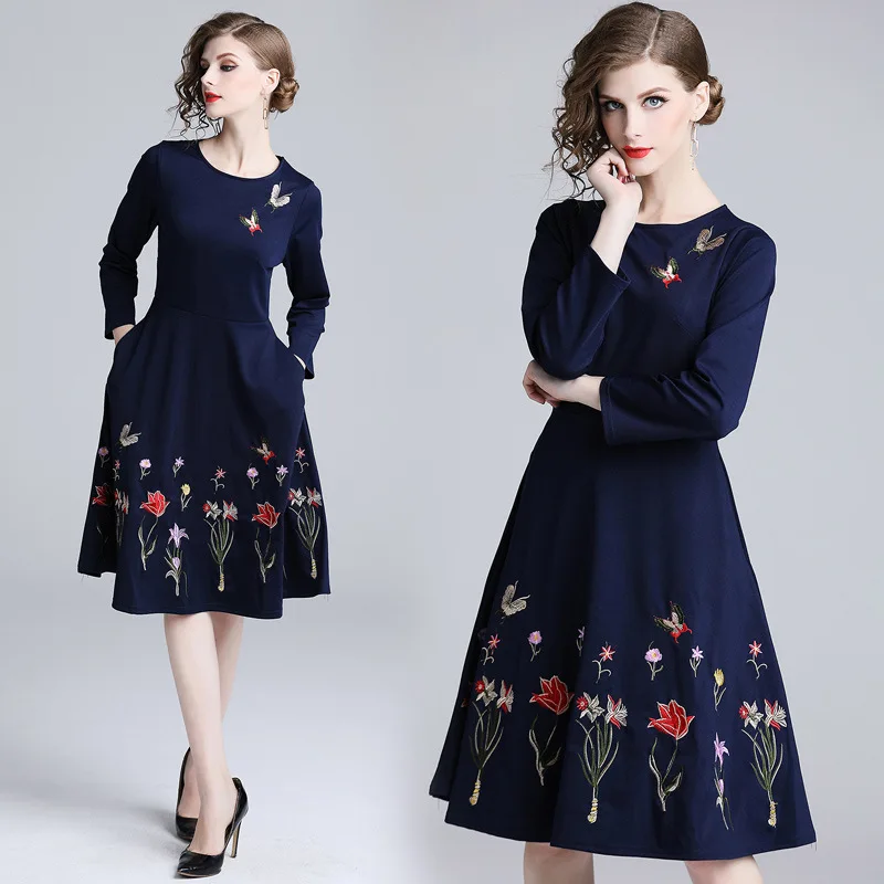 Высокое качество женское синее вечернее платье vestidos Европейская станция вышивка