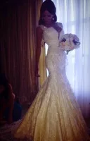 Vestido De Noiva 2014 New Arrival Sexy Cap Sleeves Pearls Beads Mermaid Charming Lace Wedding Dresses Bridal Gowns Free Shipping